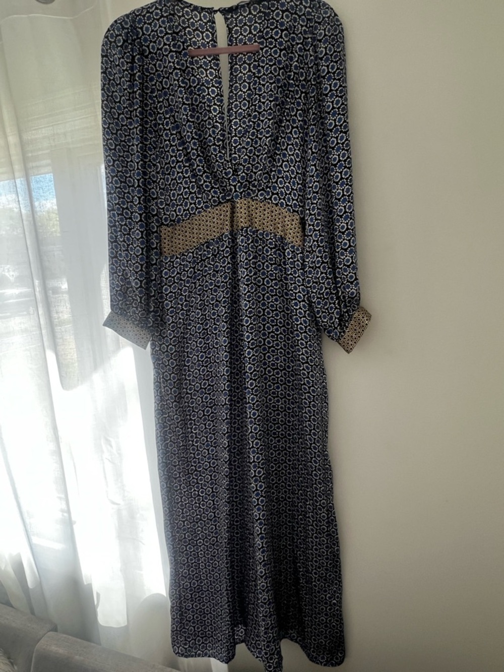 Zara Navy and White Patterned Jumpsuit with Tan Waist Detail